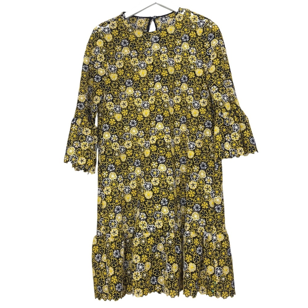 CH Carolina Herrera Yellow Navy Floral Guipure Lace Bell Sleeve Shift Dress 10